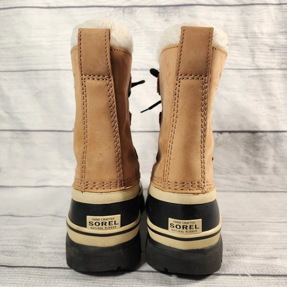 Sorel Caribou Kids Size 2 Waterproof Snow Boots Buff Black Leather LY1000-281